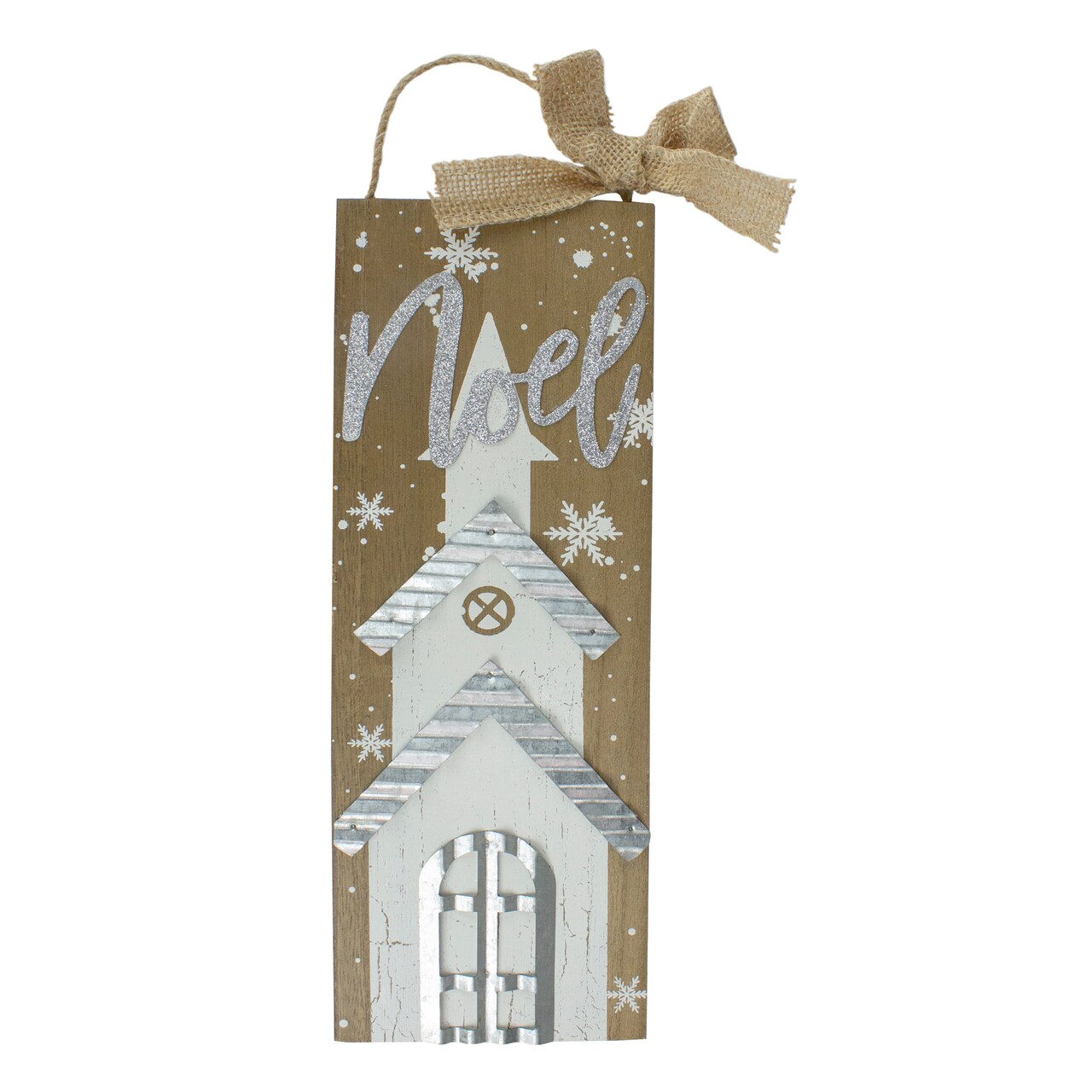 Northlight 12.5 White Church and Snowflakes with Metal Noel Wooden Christmas Wall Decoration
